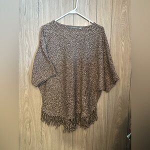 NY Collection Textured Brown Poncho with Fringe